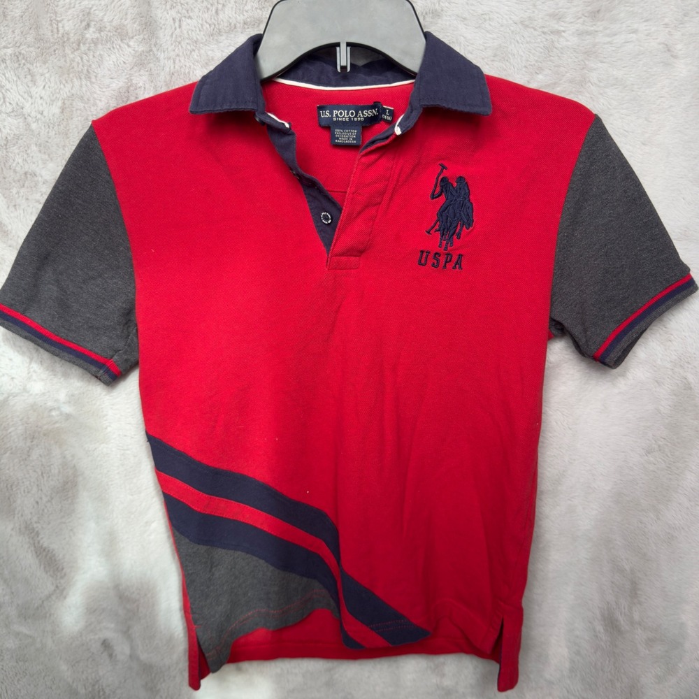 US Polo Assn Boys Big Pony Polo Shirt Red Gray Short Sleeve Size L